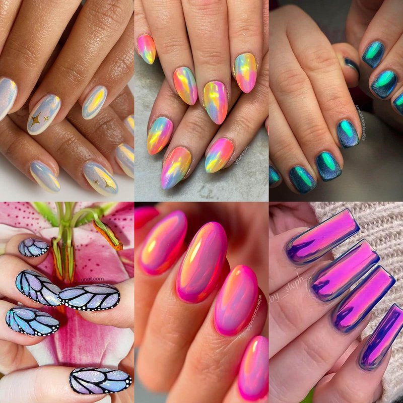 Vettsy Mermaid Ice Transparent Aurora Chrome Nail Powder, 6 Colors Transparent Iridescent Shimmer Pigment Pearlescent Nail Art Glitters