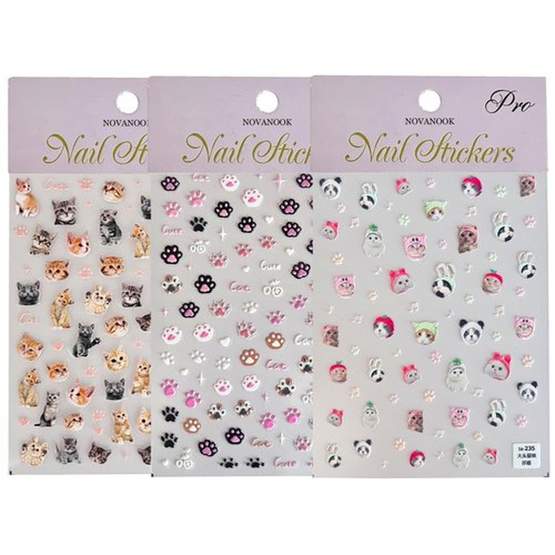 NOVANOOK 3 Sheets Cat Nail Stickers, Cute Nail Stickers, Cat Nail Decals, Cute Nail Art Stickers, Embossed Cat Claw Nail Stickers, Embossed, Cute Nail Supplies, Nail Art Stickers, DIY Nails