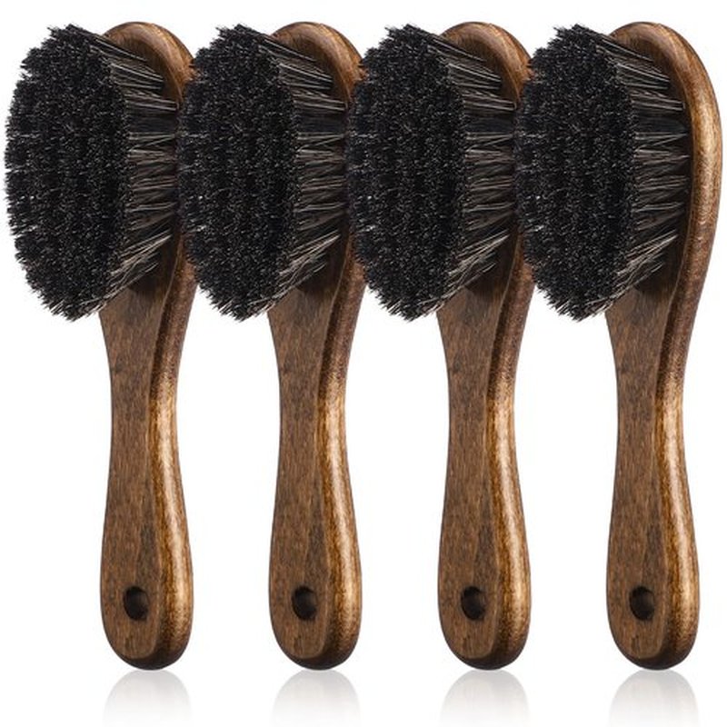Patelai 4 Pieces Barber Fade Brush Set with Natural Fiber Wooden Handle Beard Styling Brush, Neck Duster, and Cleaning for Men's Grooming (Brown)