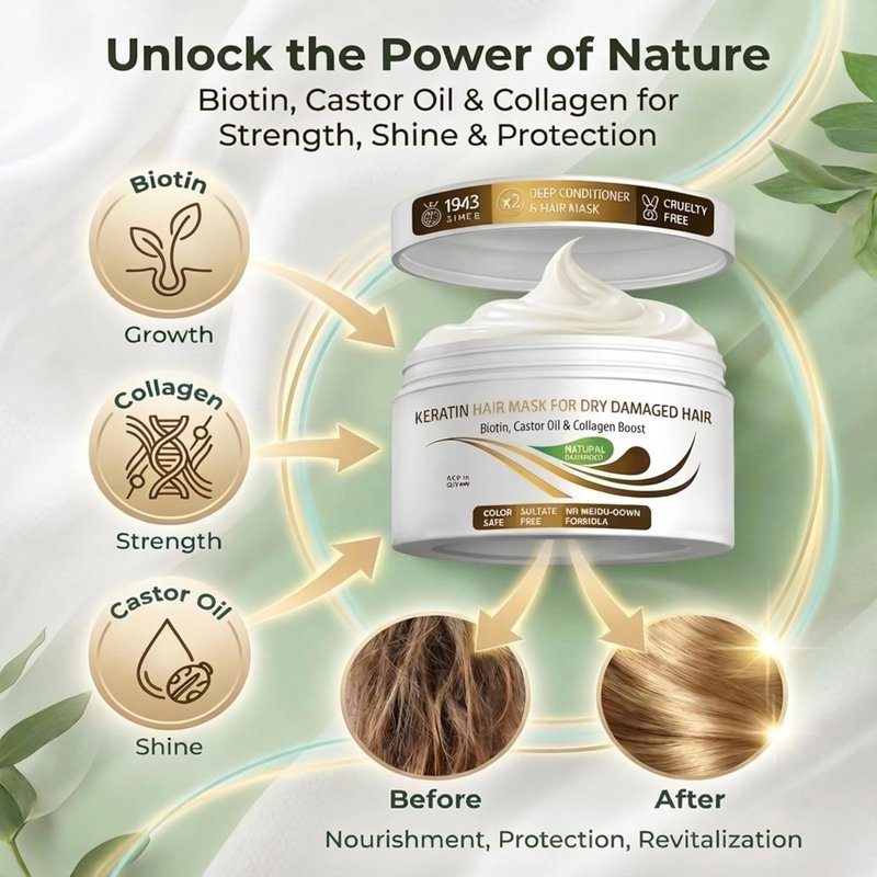 VITAMINS Keratin Hair Mask - Deep Conditioner for Dry, Damaged Hair with Biotin & Collagen - 13.5 Fl Oz