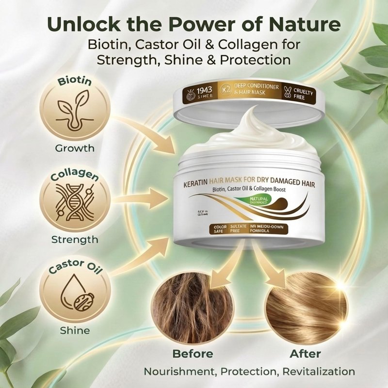 VITAMINS hair cosmetics Keratin Hair Mask - Protein Repair Keratin Treatment - Deep Conditioner for Dry, Damaged, Curly, Straight & Frizzy Hair with Biotin, Collagen & Castor Oil - 13.5 Fl Oz