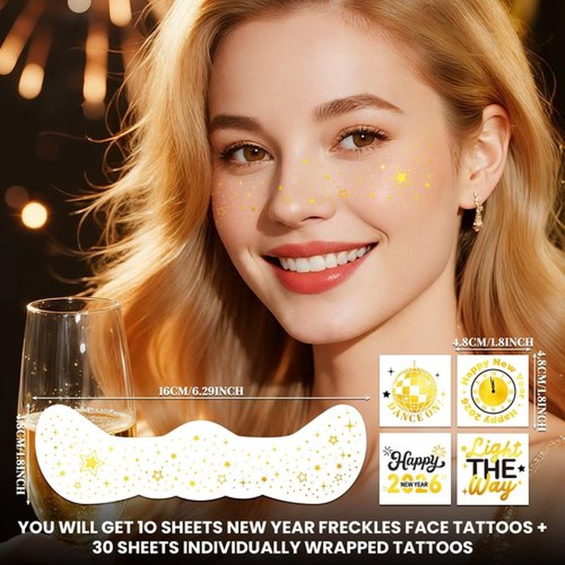 Cerlaza New Years Eve Party Supplies 2026, 40 Pcs Glitter Gold Freckles Face Temporary Tattoo, Happy New Year's Eve Decorations Nye Party Favors Accessories Gifts 2026 for Women