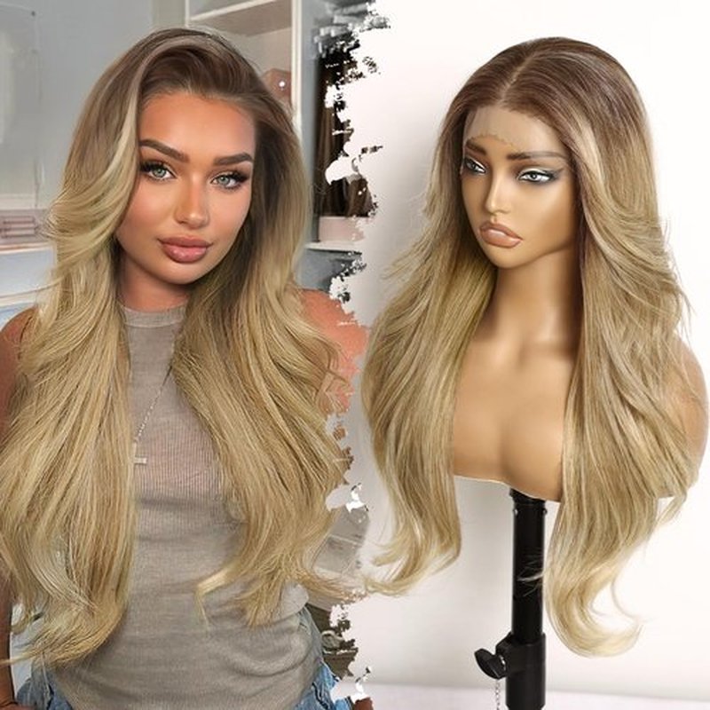 Eawwii 13x4 HD Lace Front Glueless Wigs for Women Ombre Blonde Long Layered Wave Wig Natural Hairline Heat Resistant Synthetic for Daily Use Beginner Friendly 26 Inch