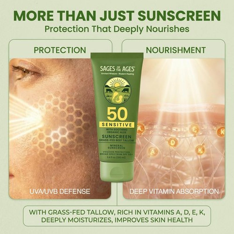 Organic Tallow Mineral Sunscreen SPF 50 with Non-Nano Zinc Oxide — Reef Safe UVA/UVB Broad Spectrum Sunblock, Water Resistant 80 Min, Moisturizing Lotion for Face & Body, 3.4 fl oz