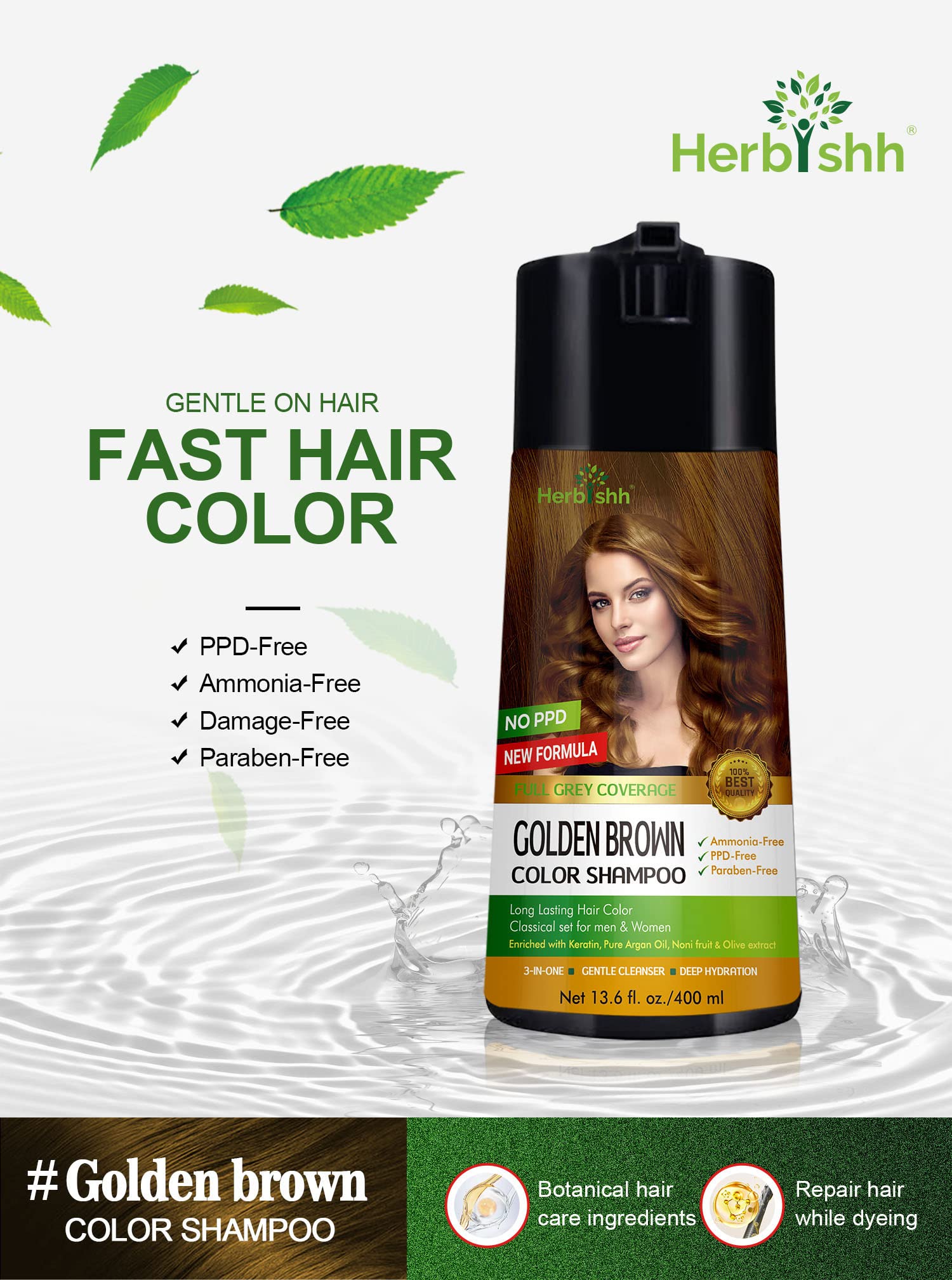 Herbishh Color Enriched Shampoo for Gray Hair - Long Lasting Hair Dye Formula and Conditioner (Golden Brown)