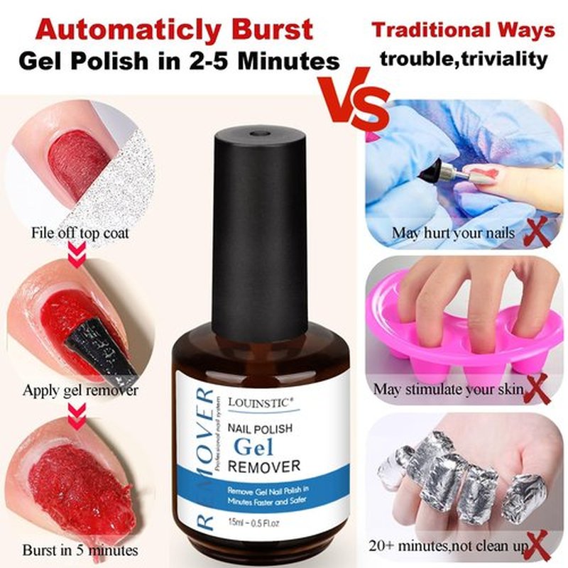 LOUINSTIC Gel Polish Remover – 15 ml Fast, Acetone-Free Gel Remover, Easily Removes Gel Nail Polish in 2-5 Minutes, Low-Irritation, No Foil Needed, Ideal for At-Home DIY Manicure Use