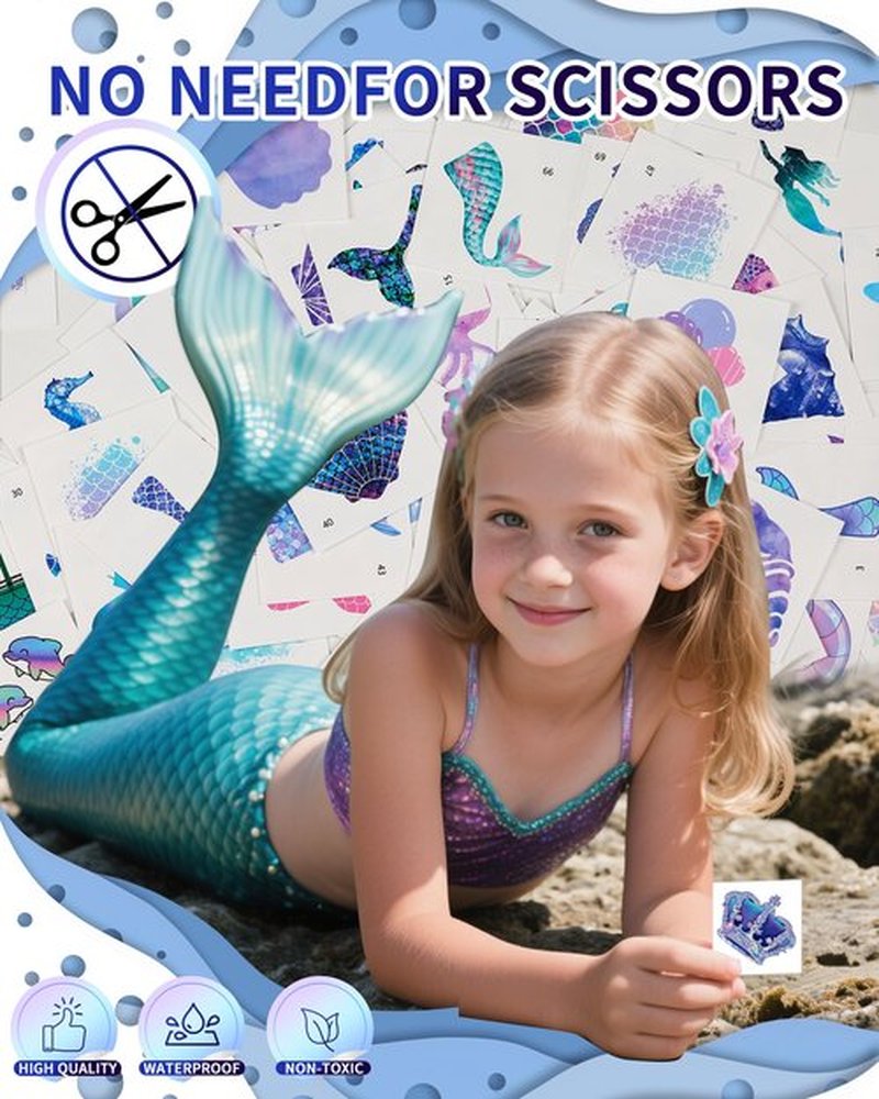 SUNAI Mermaid Party Favors - 100 Style Pre-Cut Mermaid Temporary Tattoos(2x2 Inch) Perfect for Under The Sea Themed Birthday Party Decorations, Supplies, Goodie Bag Fillers