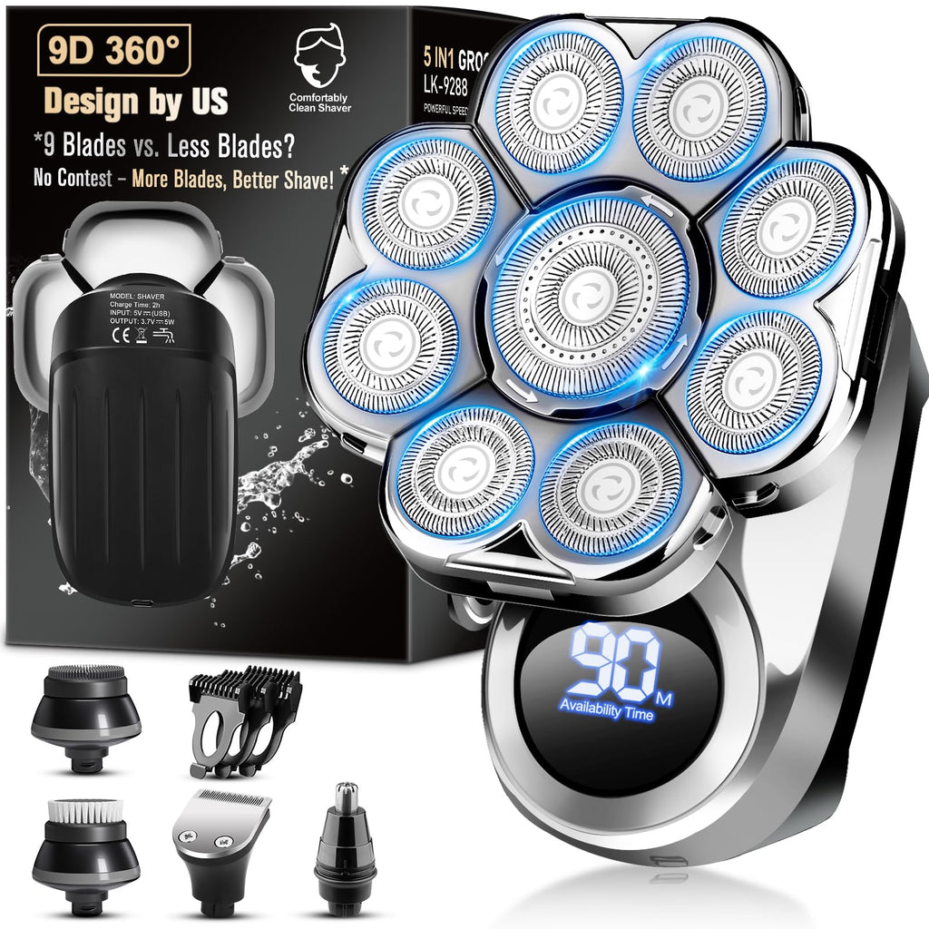 9D Electric Head Shaver for Bald Men, Upgraded 5-in-1 Head Shaver for Bald Men, Waterproof Wet/Dry Grooming Kit Electric Shaver for Men, Cordless Rechargeable Bald Head Razor for Home&Travel