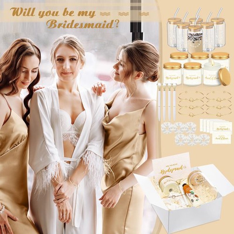 Teenyyou 60 Pcs Bridesmaid Proposal Gifts Bridesmaid Box Set, Maid of Honor Gifts Include Box Glass Cup Candle Cards Hair Ties Knotted Bracelets Hand Cream Diamond Pens(White)