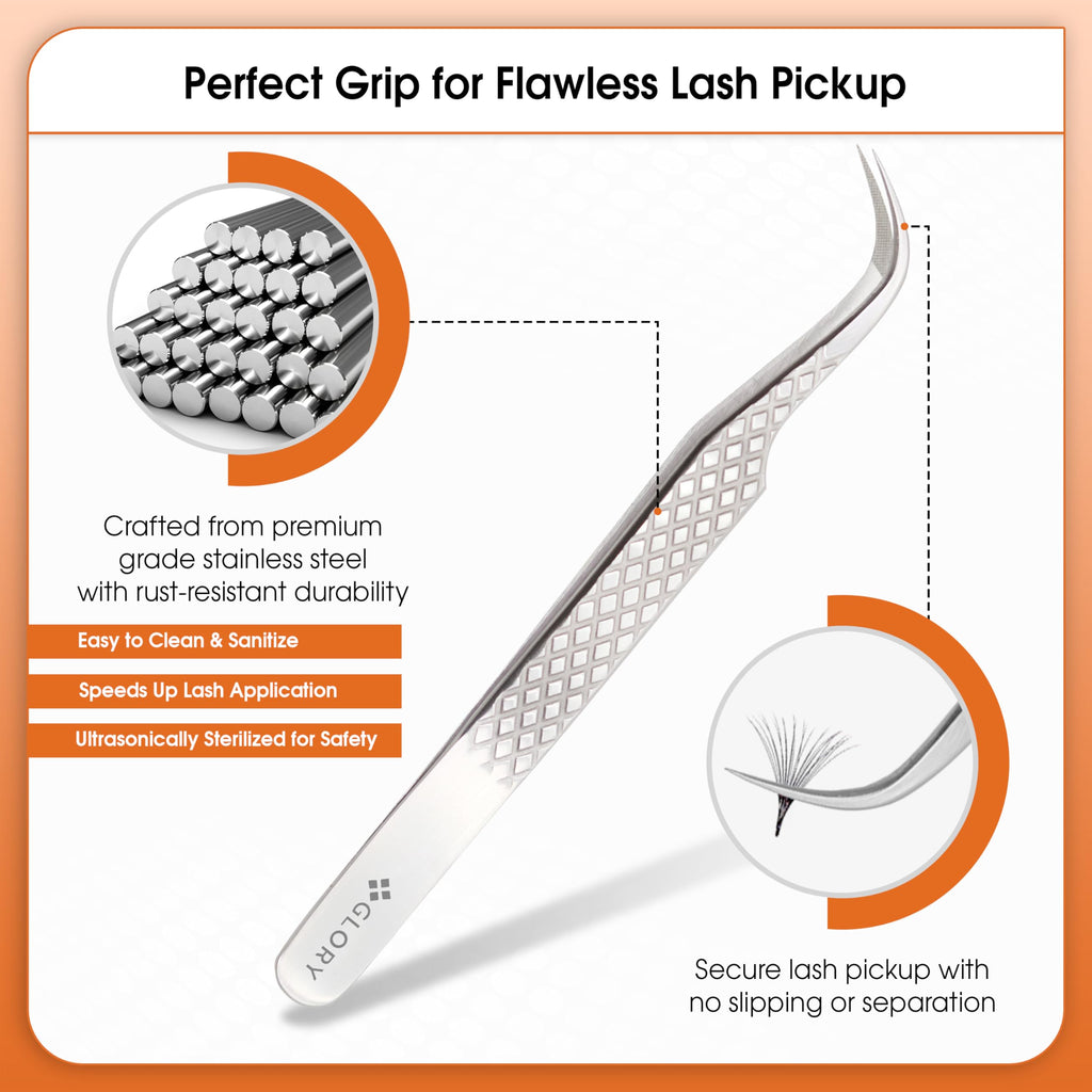 Glory Professional Curved Fiber Tip Eyelash Tweezers for Individual, Classic & Volume Diamond Grip Stainless Steel Precision Lash Extension Curved Tweezers for Multi Purpose