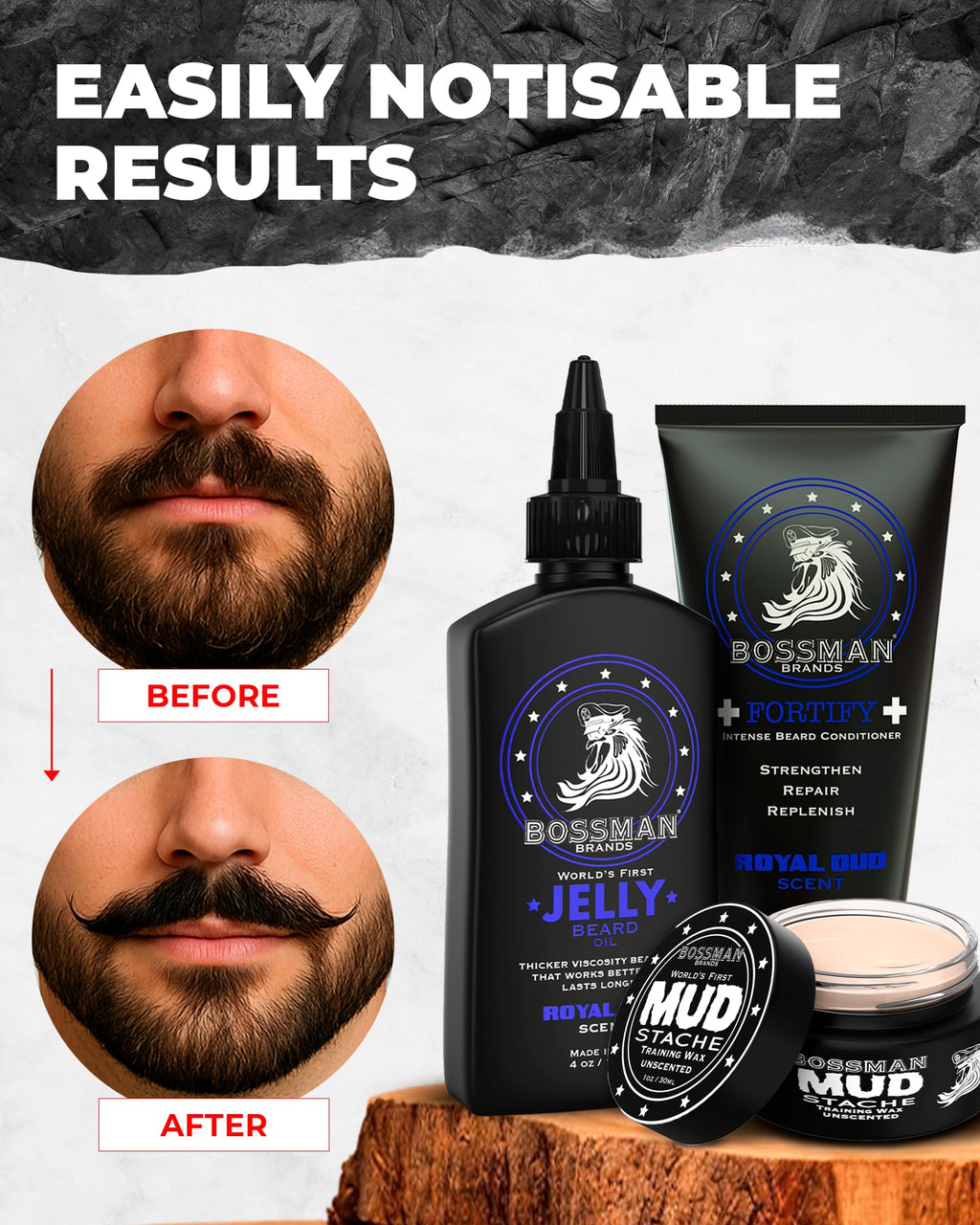 Bossman Complete Beard Kit for Men - Dad Gifts for Father's Day, Men's Beard Oil Jelly, Fortifying Shower Conditioner, Balm, Mustache Wax & Comb – Beard Softener & Grooming Care - (Royal Oud Scent)