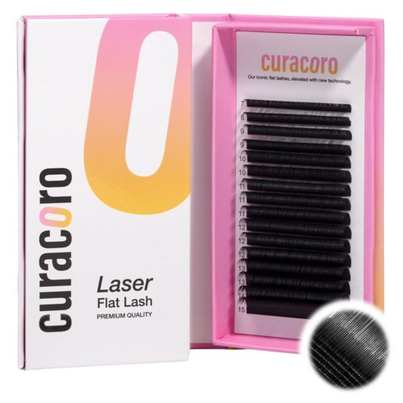 Curacoro Laser Flat Lash Extensions – Lightweight & Long-Lasting Flat Lashes with Laser-Enhanced Adhesion | True Black 0.15-CC Curl 7mm-15mm Eyelash Extensions for Professionals