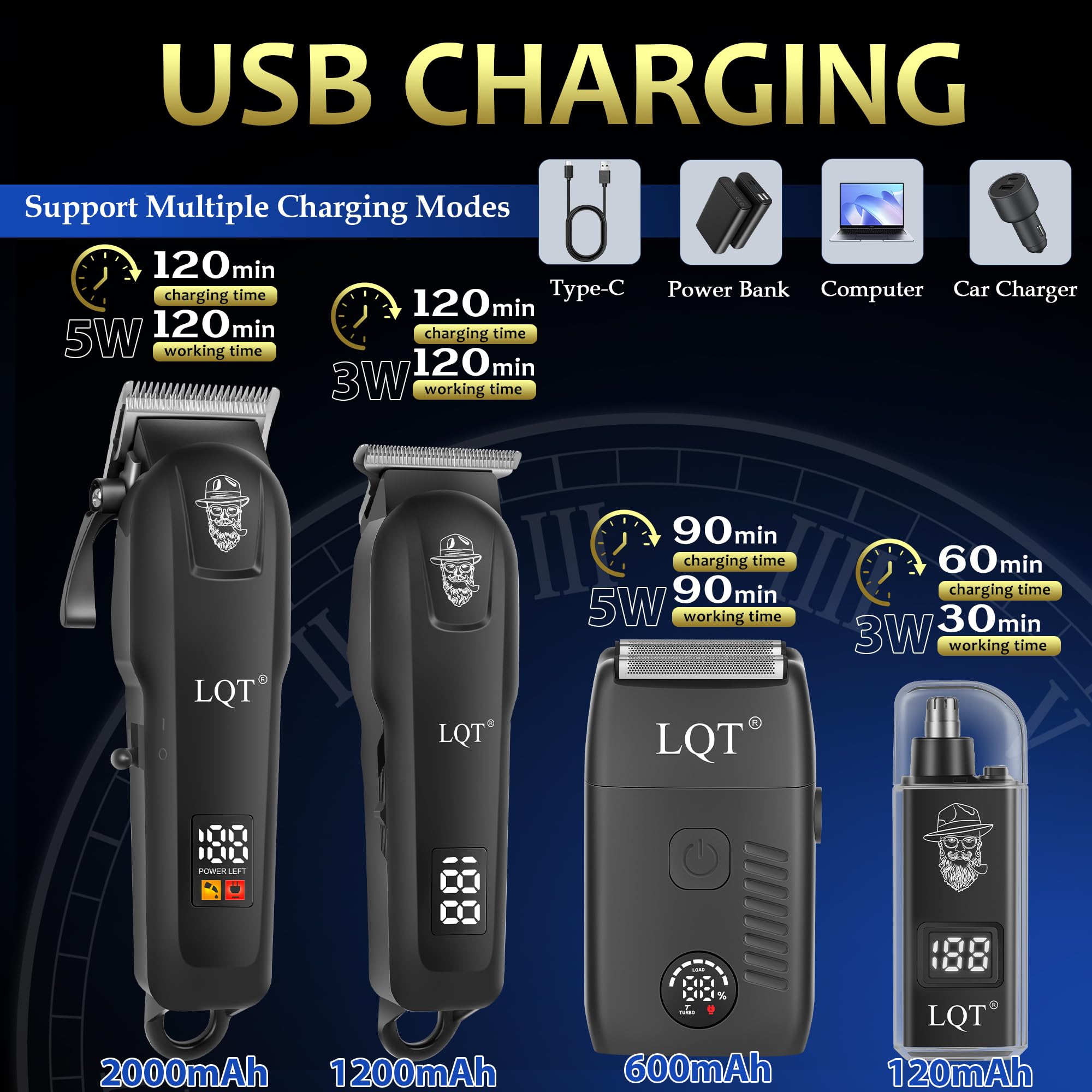 Hair Clippers for Men, 4-Piece Professional Grooming Kit Includes Hair Clipper, LED Power Display,Detail Trimmer and Nose Trimmer, Complete Cordless Set for Home Barber Use (Black)