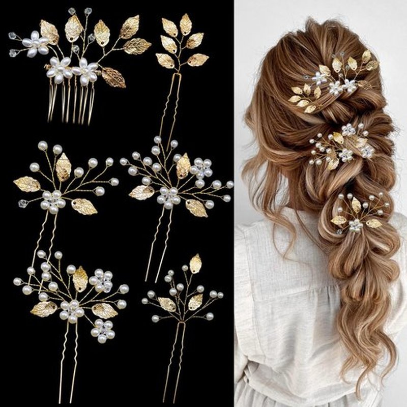 Mulzile 6 Pieces Bridal Wedding Hair Pins Gold Leaf Hair Pins Clips Crystal Pearl Flower Headpiece Vintage Wedding Hair Accessories for Brides Bridesmaids Women Girls