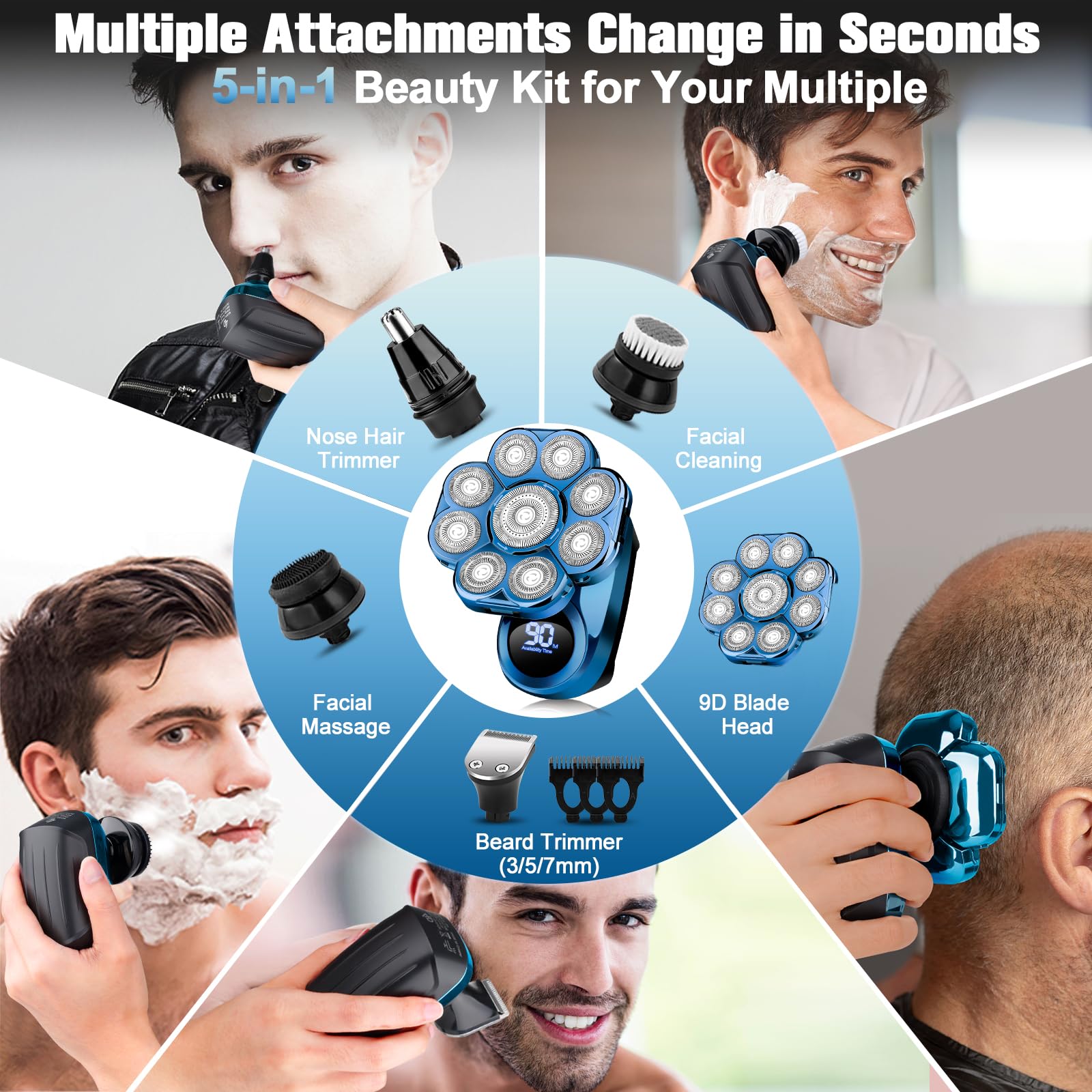 9D Electric Head Shaver for Bald Men, Upgraded 5-in-1 Waterproof Wet/Dry Grooming Kit Electric Shaver for Men, Cordless Rechargeable Bald Head Razor for Home&Travel