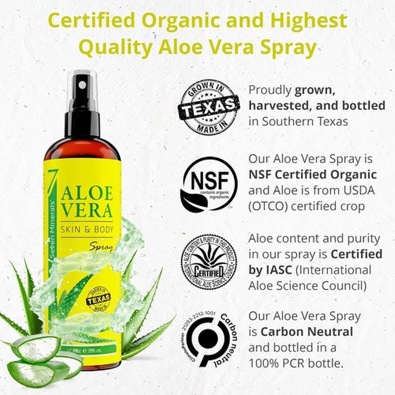 Seven Minerals Organic Aloe Vera Spray - Extra Strong, Rapid Absorption, No Sticky Residue | 12 fl oz Made in USA