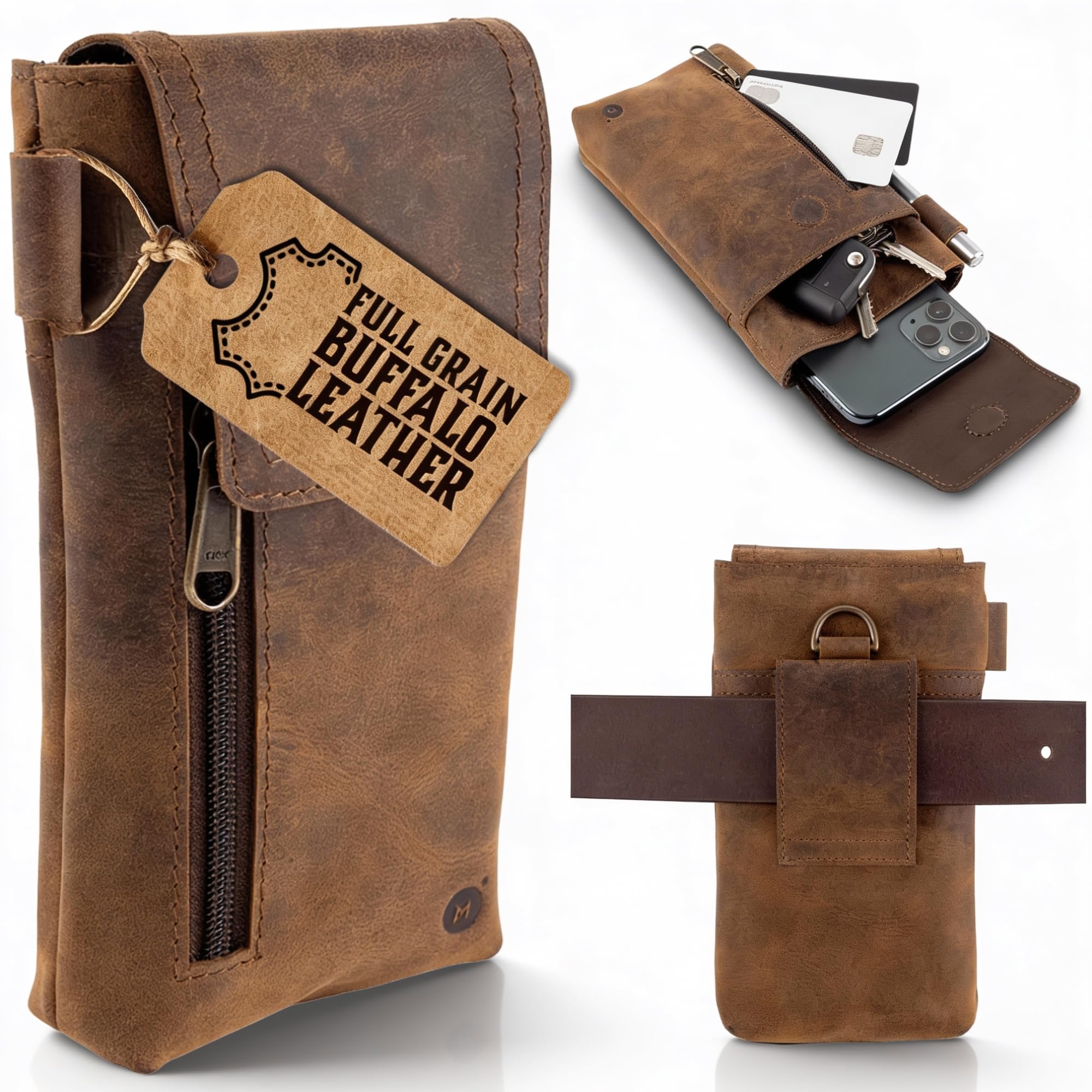 Moonster Leather Phone Holster – Genuine Full-Grain Leather for iPhone 17/16/15/14 Pro Max & Plus, Galaxy S25/S24 Ultra – Slim Belt Clip Phone Pouch with Magnetic Closure, Fits Thick Cases – 7” x 3.5”