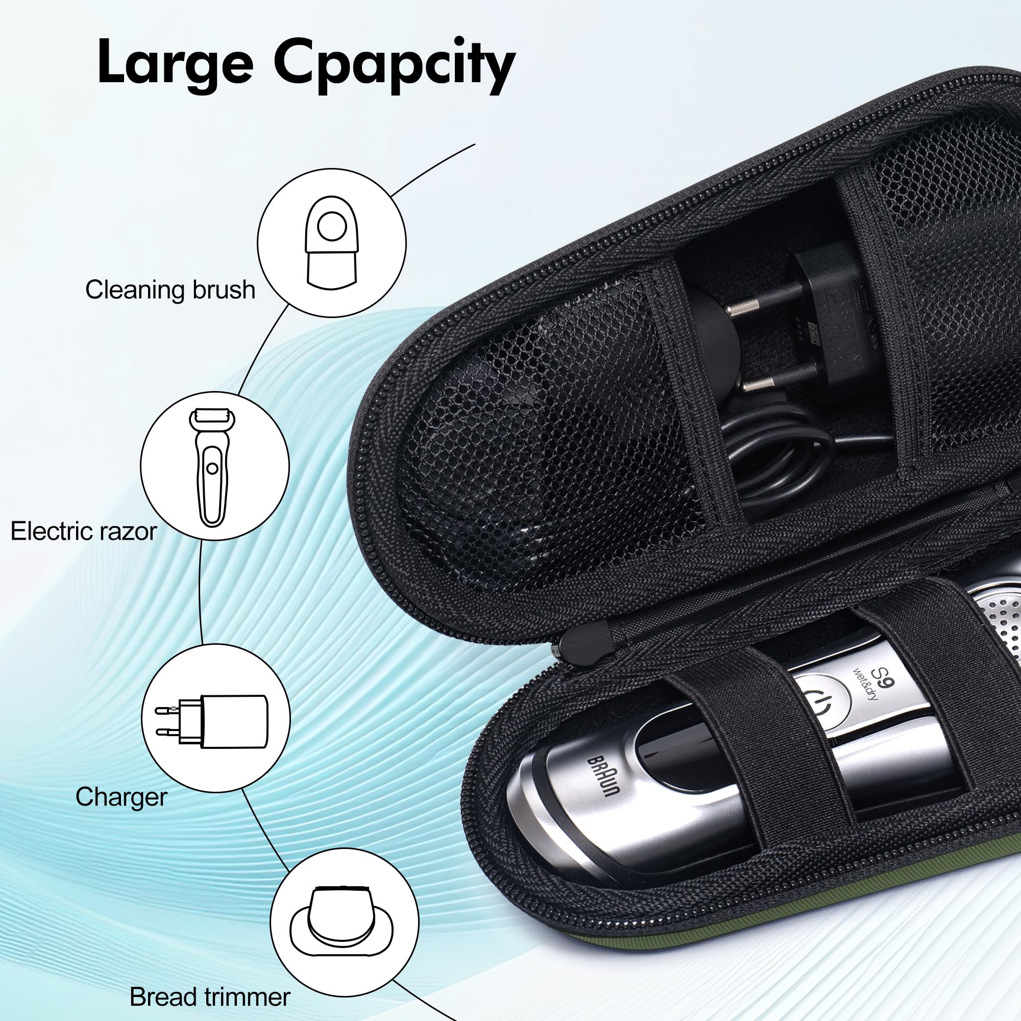 Electric Shaver Travel Case for Braun Series 3/5/6/7/8/9, Hard EVA Storage Bag with Dual Straps, Portable Protective Organizer for Men's Electric Razor, Charger & Accessories, Olive Green