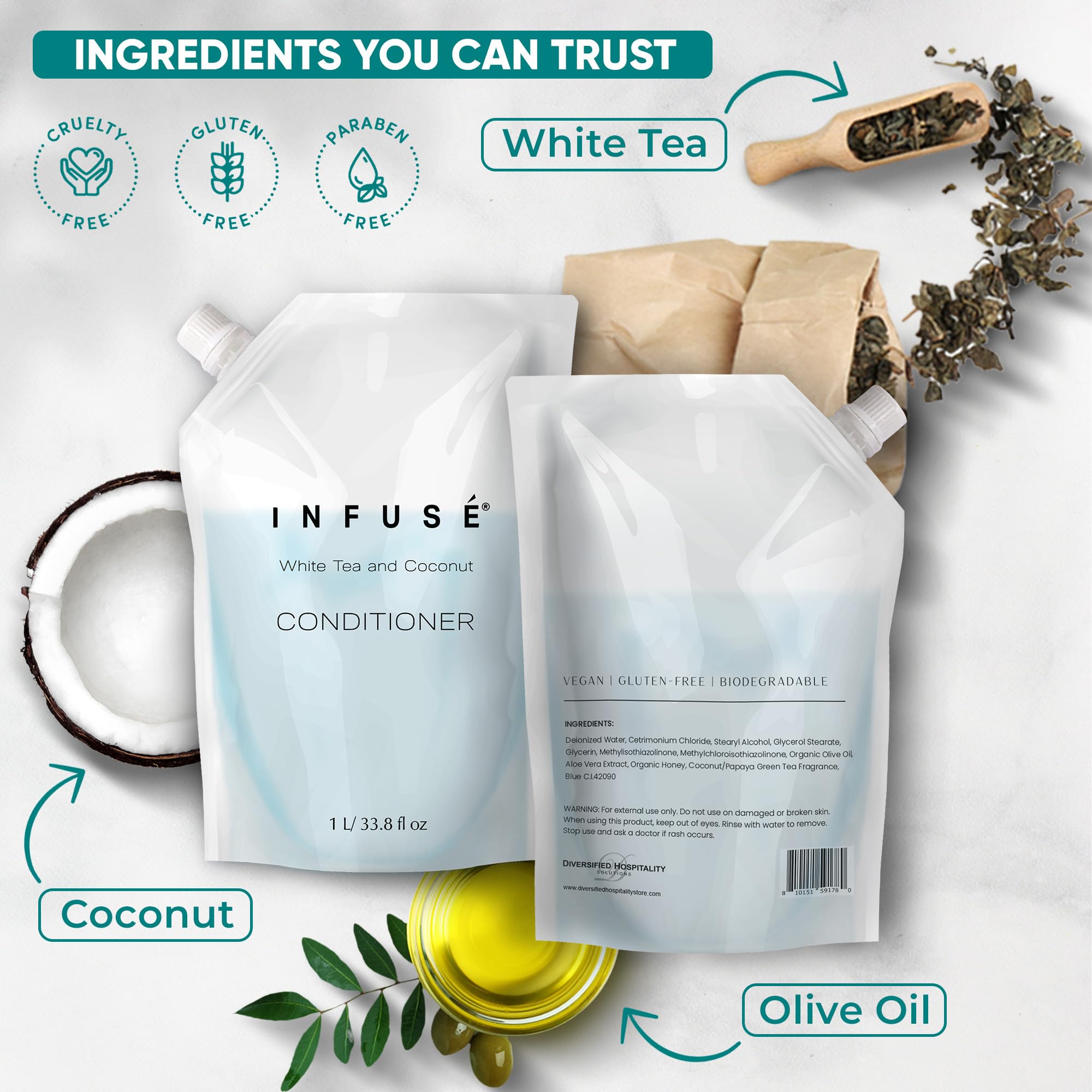 INFUSÉ 1 Liter Conditioner Refill Bag For Soap Dispensers | Bulk Toiletries for Vacation Rentals, and Home Bathroom Showers | White Tea and Coconut | Single