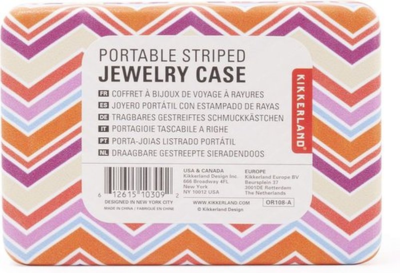 Kikkerland Portable Travel Jewelry Storage Case with Mirror - Striped Design, Compact Size