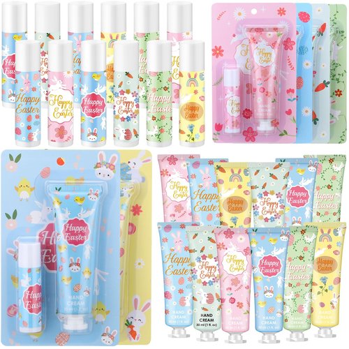 Loopeer 12 Sets Easter Gifts for Coworkers Gifts Bulk Happy Easter Hand Cream and Lip Balm for Women Travel Size Lotion Basket Stuffers for Adults Teachers Employees