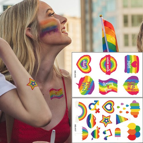 HAOYAN 10 Sheets LGBT Pride Day Temporary Tattoo Sticker Rainbow Pattern Love Is Love Flash Waterproof Fashion Body Art Men Women Child