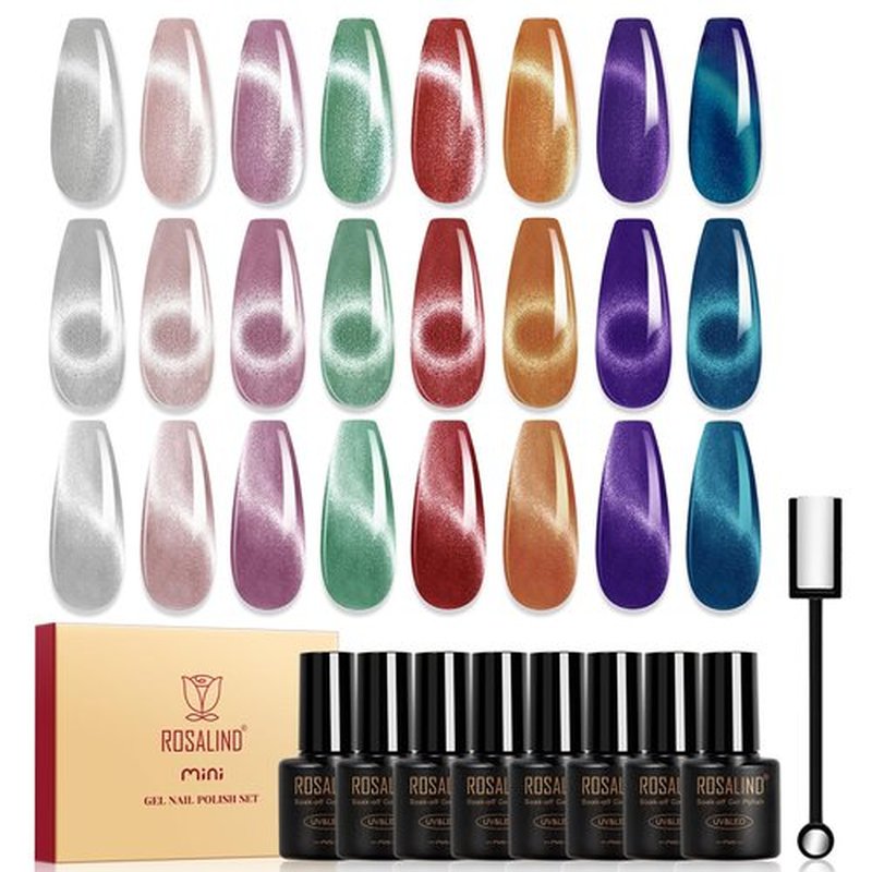 ROSALIND 8PCS Cateye Gel Polish with Magnet Stick - Magnetic Cat Eye Gel Nail Polish Sparkle Diamond Effect Magic Magnetic Glitter Soak Off Led Nail Art DIY Salon Gifts For Women