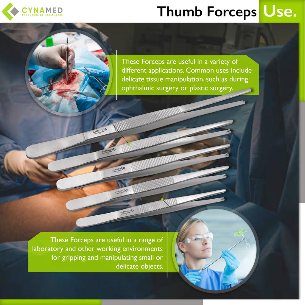 Cynamed Set of 5 Thumb Tweezer Multipurpose Forceps (Toothed, 1x2 Teeth) - Stainless Steel, 4.5in.-8 in.