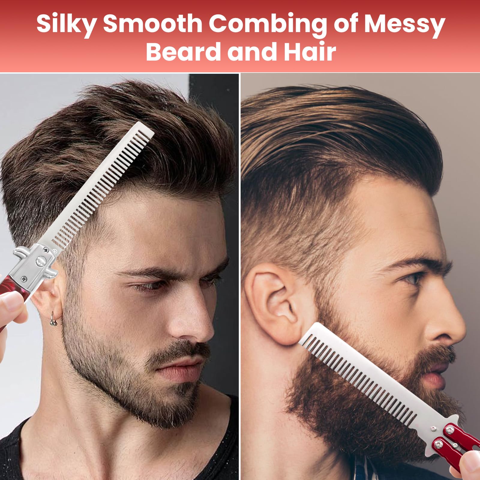 2 Pieces Automatic Folding Switch Combs, Stainless Steel Butterfly Comb, Hair & Beard Brush for Men - Red
