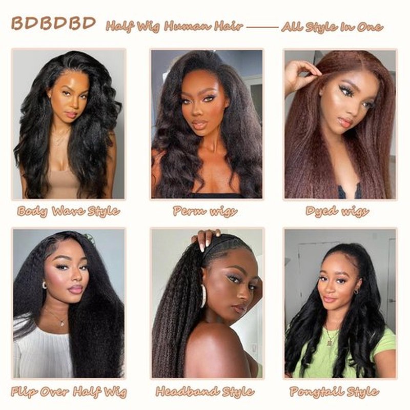 Kinky Straight Half Wig Human Hair 200% Density 3 In 1 Wear and Go Glueless Wigs Human Hair Half Wig Kinkystraight Seamless Flip Over Wig Human Hair Glueless Beginner Friendly Natural Black 14 Inch
