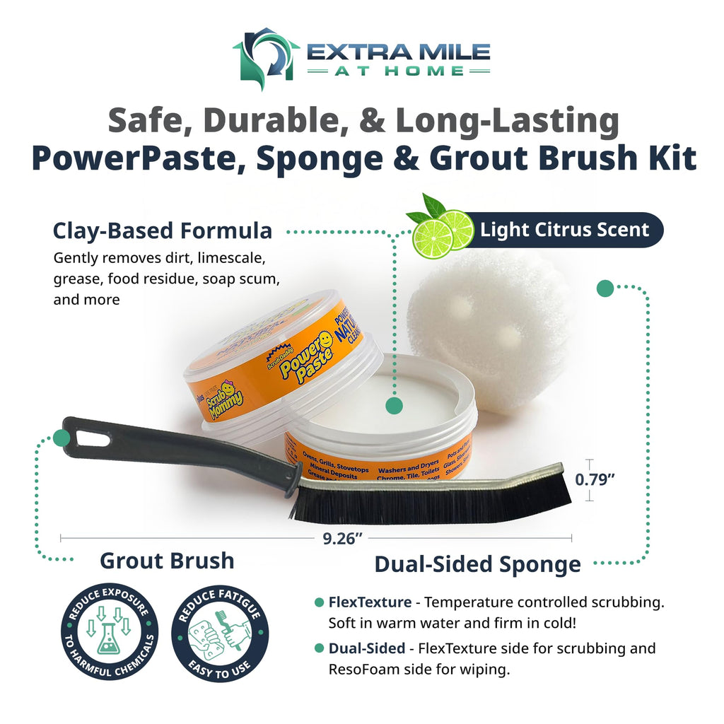Power Paste Natural All Purpose Cleaner Bundle - Grout Cleaner for Tile Floors with Sponge & Crevice Brush - Deep Cleaning Tools for Shower Tile Grout, Bathroom, Kitchen Surfaces, Tight Spaces at Home