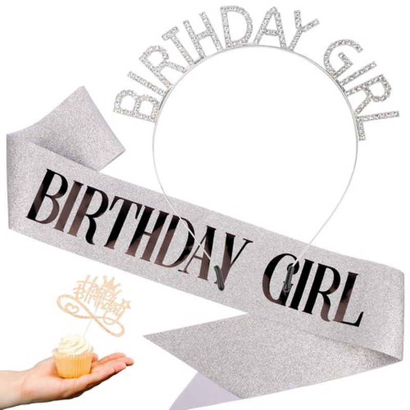 Birthday Girl Sash Headbands for Women Tiara & Crowns for Girls Happy Birthday Party Accessories Favor Cake Topper Venus Silver Black, 3 Pack