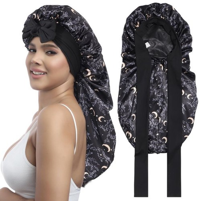 AWAYTR Long Satin Bonnet for Women - Double Layer Elastic Silk Bonnet for Braids Hair Sleeping Cap with Tie Band (Star and Moon+Black)