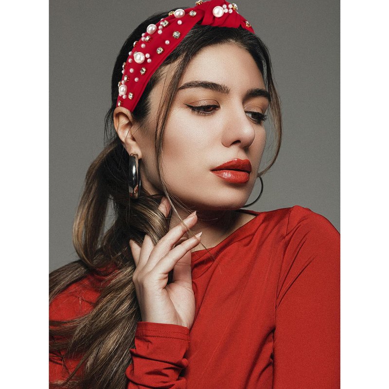 Uintoon Red Headband for Women Pearl Knotted Headband Sparkly Rhinestone Pearls Top Knotted Headbands Womens Fashion Hair Accessories Cute Hair Bands