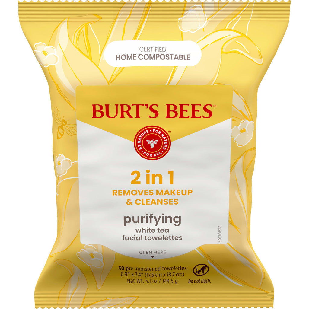 Burt’s Bees Purifying White Tea Facial Towelettes, 100% Plant Based Cloths; 99% Natural Origin; Removes Makeup and Cleanses; No Rinsing; All Skin Types (Pack May Vary)