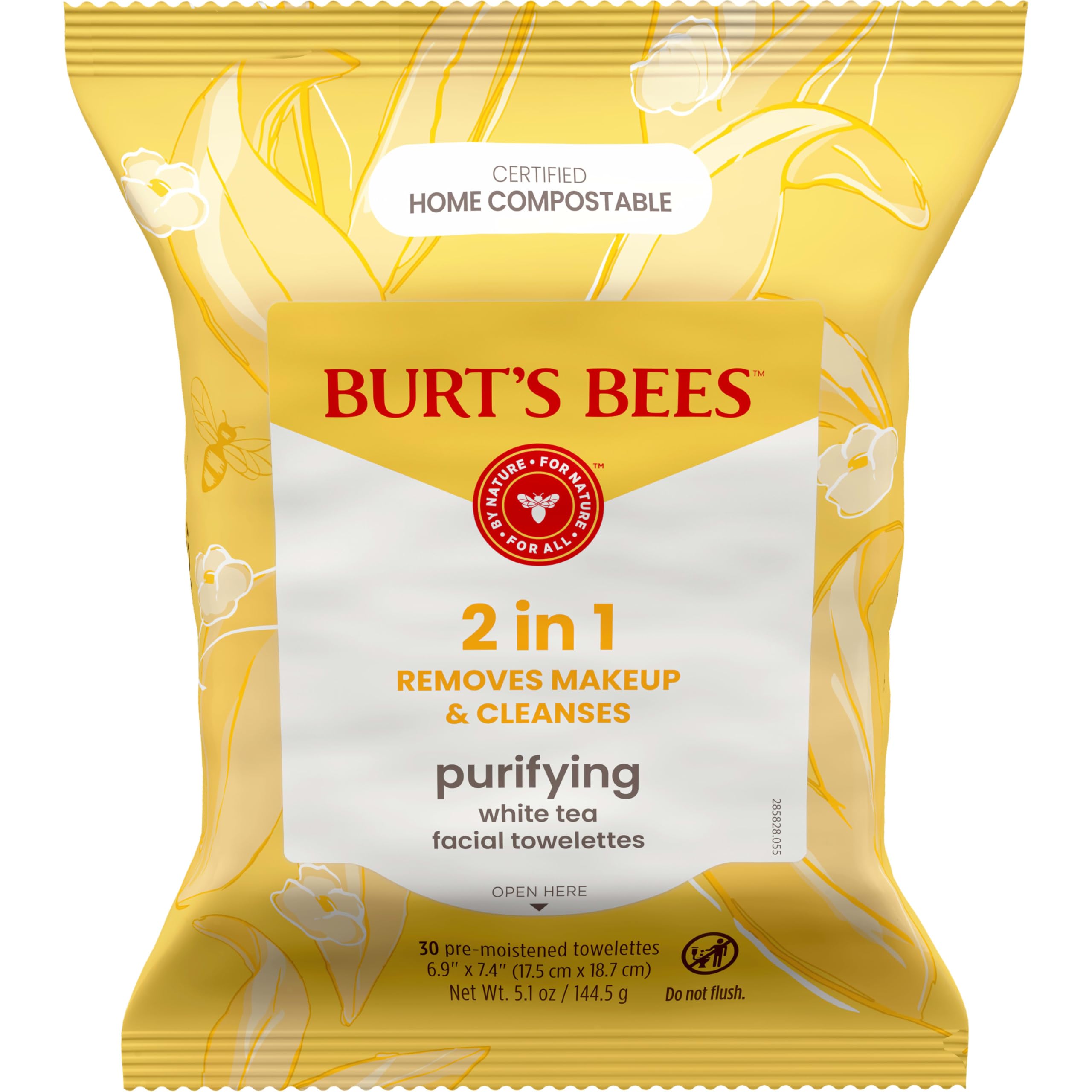 Burt’s Bees Purifying White Tea Facial Towelettes, 100% Plant Based Cloths; 99% Natural Origin; Removes Makeup and Cleanses; No Rinsing; All Skin Types (Pack May Vary)