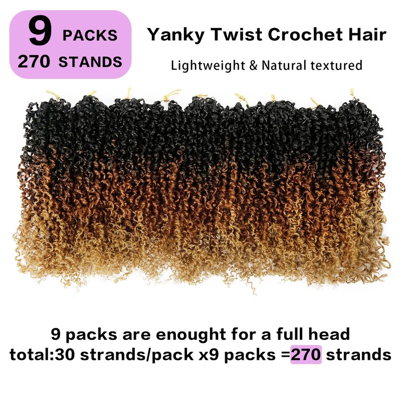 Yanky Twist Crochet Hair 9 Pack(270 Strands Total) Pre loop Pre Twisted Yanky Twist Braids Crochet Hair,Synthetic Spring Short Passion Twist Crochet Braiding Hair Extensions For Women(1B3027, 8 Inch)