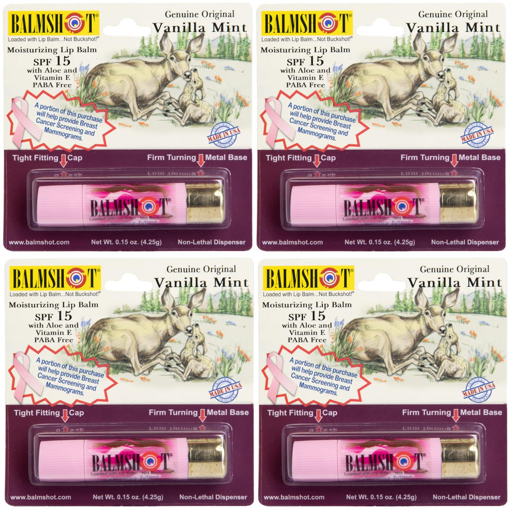 BALMSHOT Camo Vanilla Mint Lip Balm SPF 15 (4-Pack) – Beeswax Chapstick in 20-Gauge Brass Shotgun Shell Tube, Outdoor Lip Protector for Hunting, Fishing, Hiking, Heat Tolerant, Made in USA