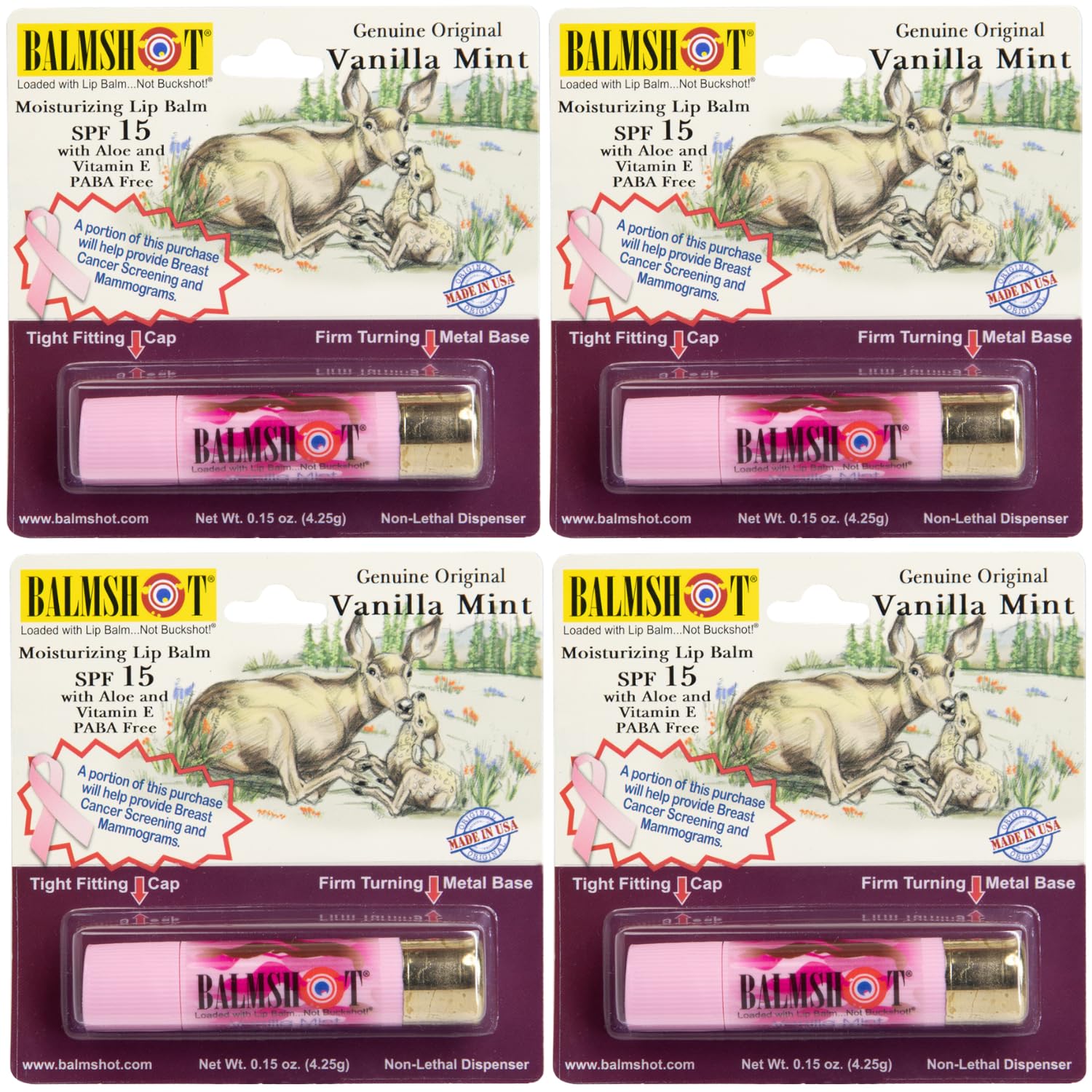BALMSHOT Camo Vanilla Mint Lip Balm SPF 15 (4-Pack) – Beeswax Chapstick in 20-Gauge Brass Shotgun Shell Tube, Outdoor Lip Protector for Hunting, Fishing, Hiking, Heat Tolerant, Made in USA