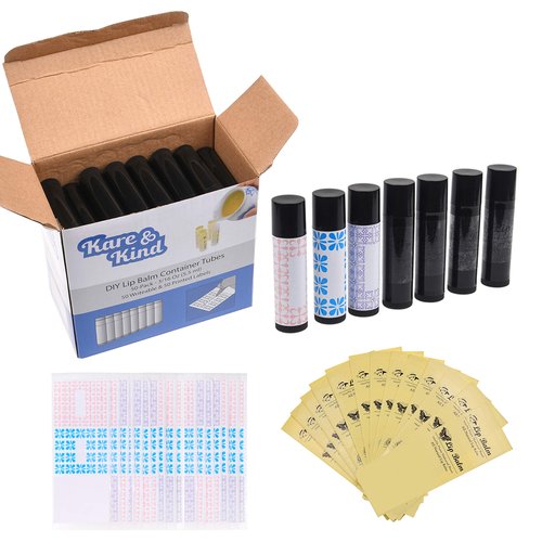 Lip Balm Container Kit - 50x Lip Balm Tubes (Black), 50x Writable Sticker (3 colors), 50x Printed Stickers (Transparent) - for DIY Lip Balm - DIY Homemade Cosmetics - Home Travel Gift Idea
