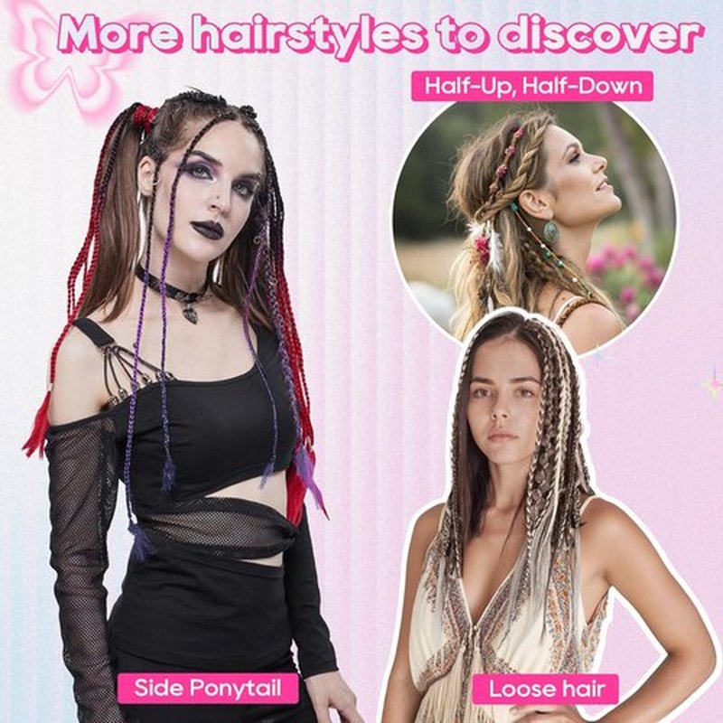 REECHO Clip in Braid Hair Extensions for Women, 16" Boho Dreadlock Clip in Braids with Beads & Charms, 2PCS Synthetic Braided Hairpieces for Cosplay Daily, Medium Blonde with Light Blonde