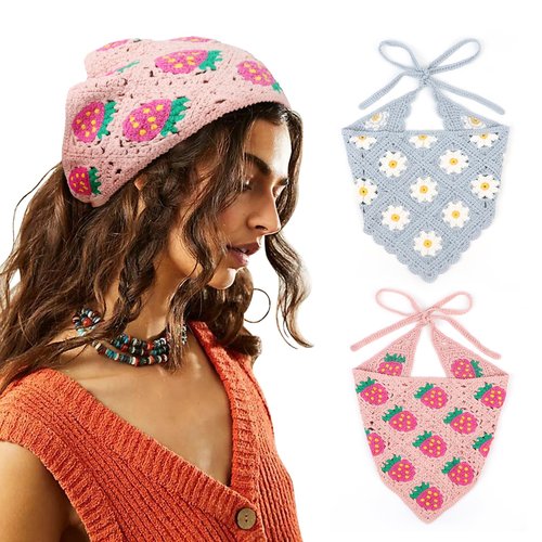 DRESHOW Floral Crochet Hair Bandana 2 PCS Tie Knotted Headscarf Vintage Headband Knitted Head Kerchief for Women & Girls