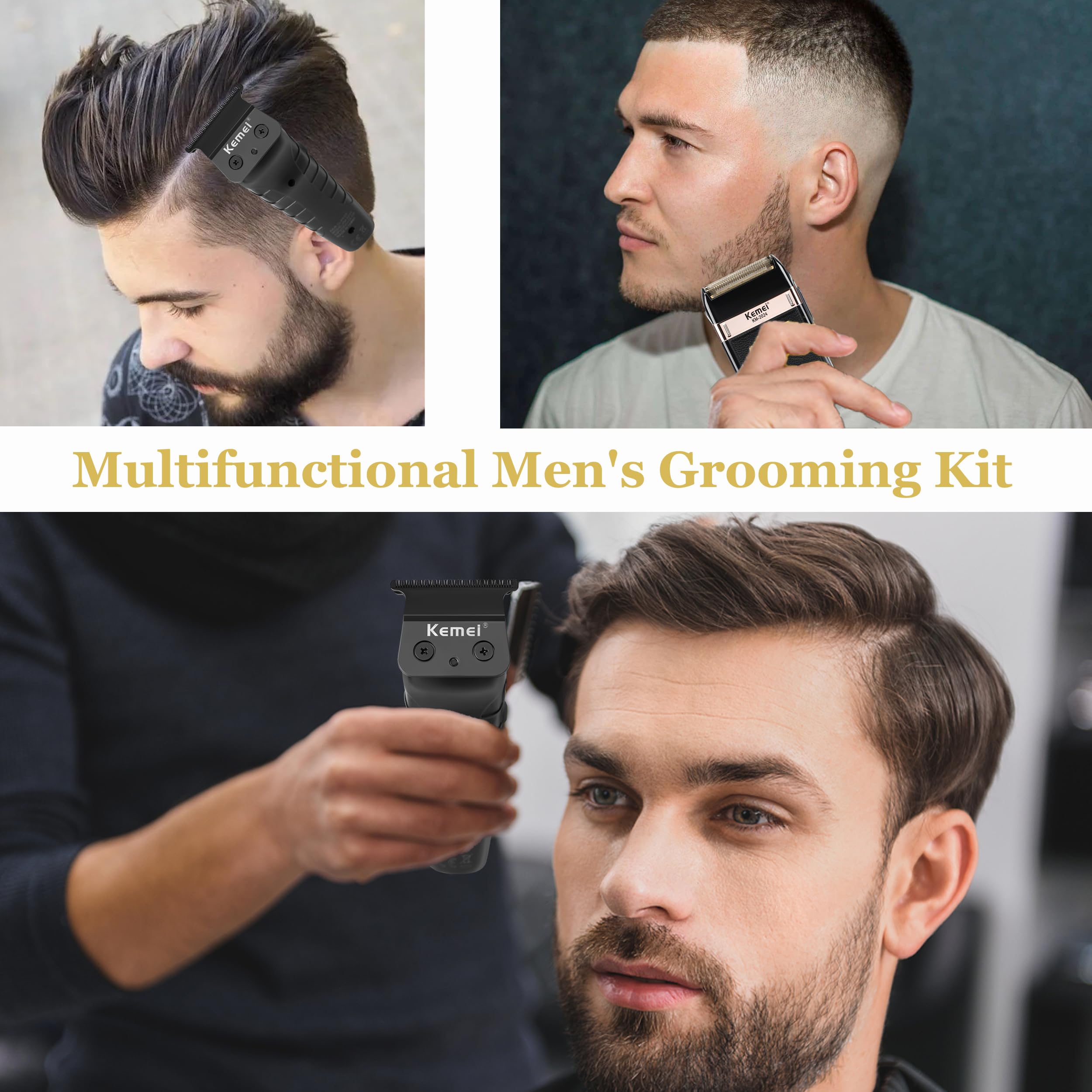 KEMEI Hair Trimmer for Men Professional & Waterproof Foil Shaver with Replaceable Foil Mesh, Zero Gapped Hair Clippers, Cordless Electric Razor for Men, Mens Grooming Shaving Kit, KM 2299, KM 2024