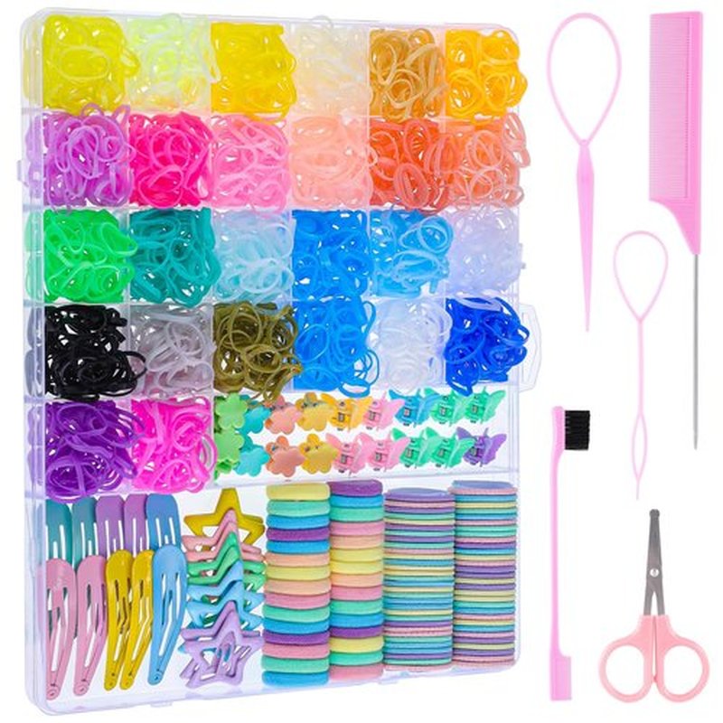Colorful Rubber Bands Set, 2020Pcs Elastic Hair Ties with 5 Styling Tools 40Pcs Hair Clips Hair Accessories for Girls Daughter