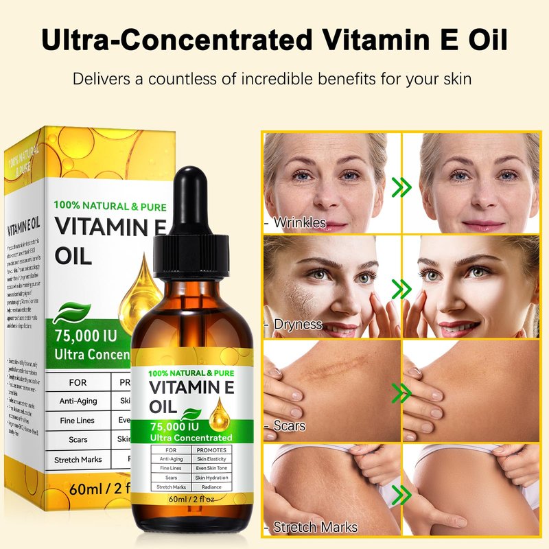Vitamin E Oil, Pure Vitamin E Oil for Skin, Face, Hair & Scars, Vita-min e Oils 75,000 IU, Antioxidant for Dryness, Wrinkles & Stretch Marks, Moisturizing & Firming Skin, Natural Vitamin e oil, 60ML