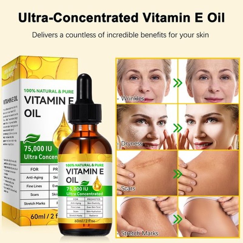 Pegciz Vitamin E Oil for Skin, Hair & Face -75000 IU, Natural, Pure & Organic Vitamin E Drop Liquid for Scars, Nails, Scalp, Bath & Body Oil, Moisturizing Dry Skin, 2Oz