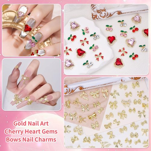 Tatiwoo 96 Pcs Gold Bows Nail Charms, Cherry Heart Bow Nail Rhinestones and Charms, Multi Shapes Golden Nails Bowknot Charm Gems for Nails Art Supplies