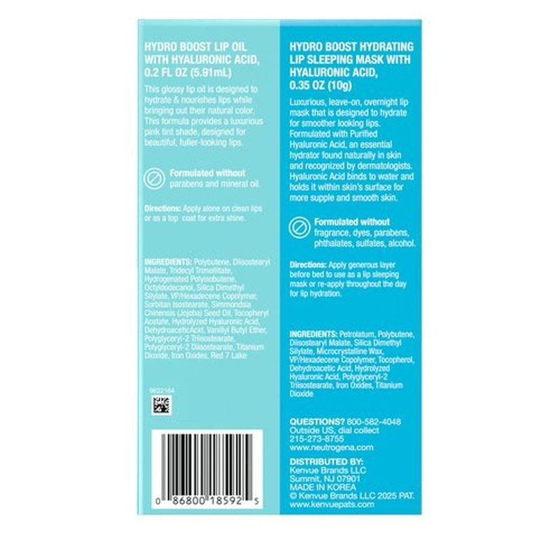 Neutrogena Hydro Boost Lip Hydration Kit with Light Pink Tinted Lip Oil and Clear Overnight Lip Sleeping Mask, Both with Hyaluronic Acid Designed to Nourish & Hydrate Day & Night, 2 items