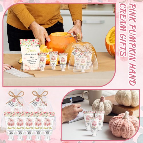 Dansib 48 Sets Fall Hand Cream Bulk Gifts for Guest Baby Shower Party Favors Travel Size Pumpkin Hand Cream with Thank You Cards for Autumn Thanksgiving Party Supplies(Pink Pumpkin)