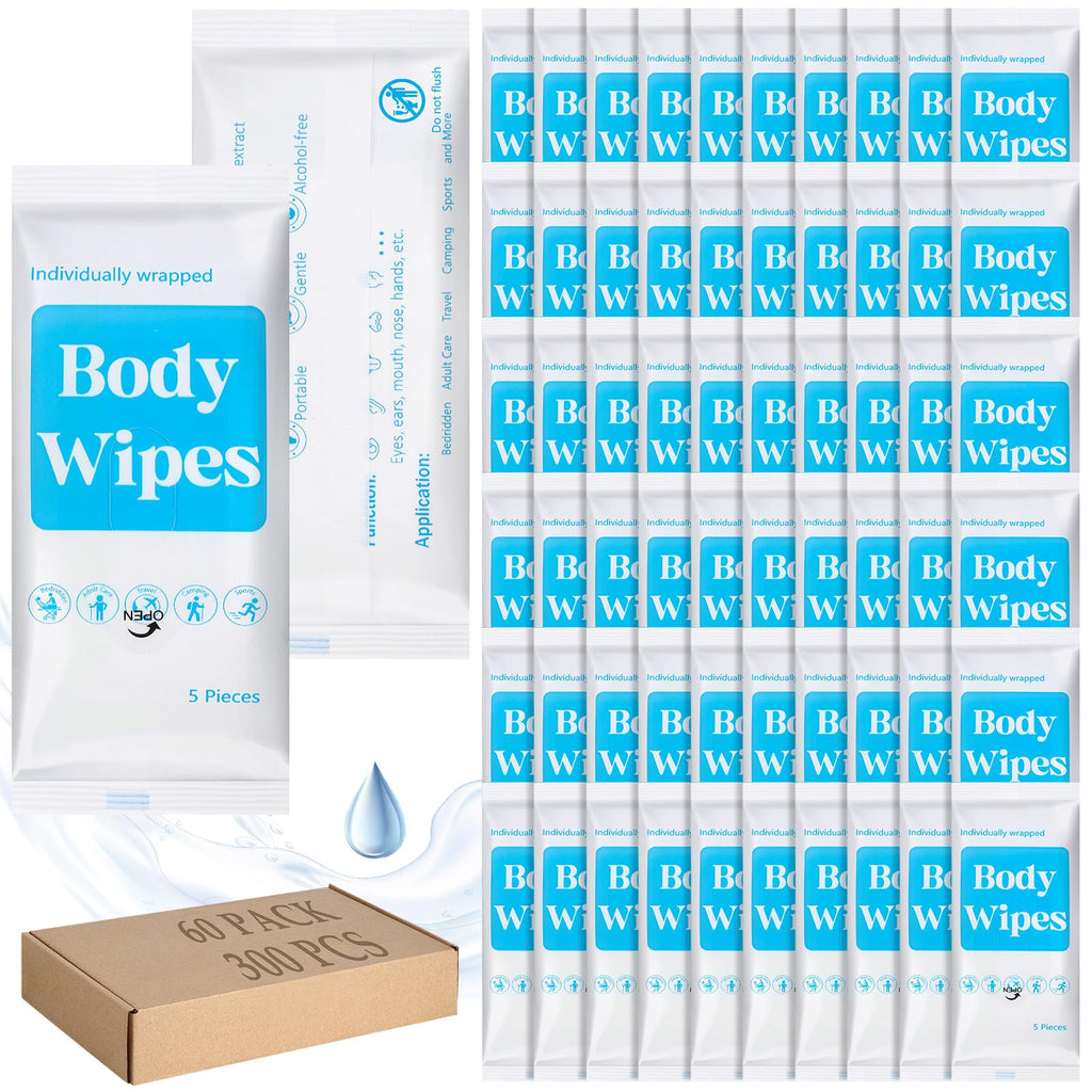 Threlaco 300 Pcs 60 Pack Body Wipes for Adults Bathing No Rinse Individually Wrapped Shower Wipes Washcloth with Aloe Cleansing Body Wash Cloths Disposable Bulk Deodorant Homeless(White Background)